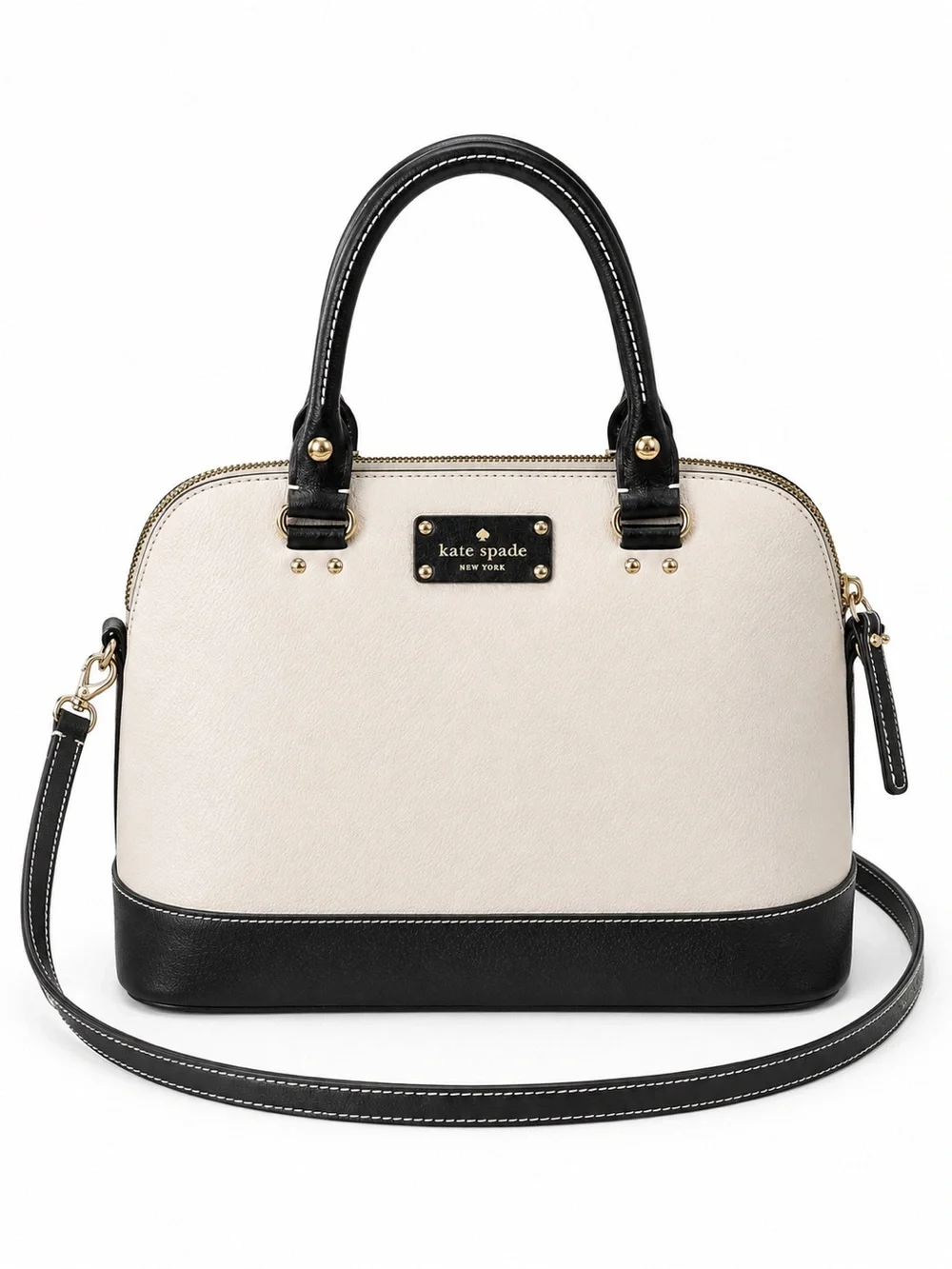 Kate Spade Cream Black Leather Dome Satchel Crossbody Shoulder Bag